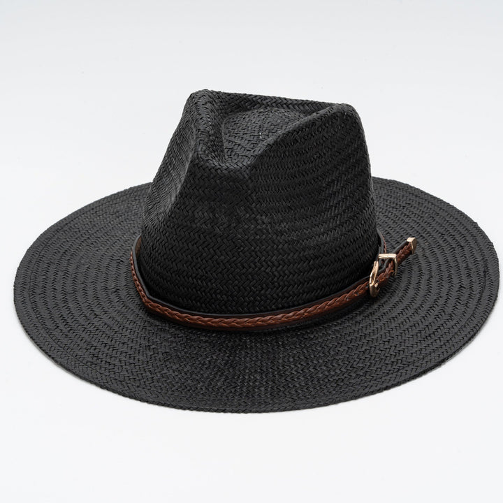 Straw Flat Brim Hat with Leather Trim | Bowlift