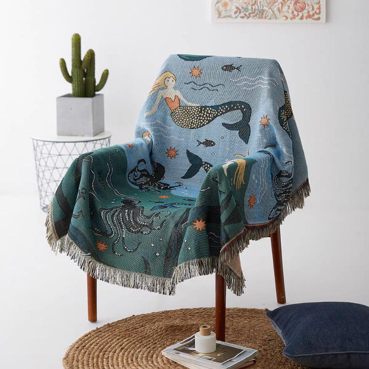 Artistic Mermaid-Themed Woven Throw Blanket