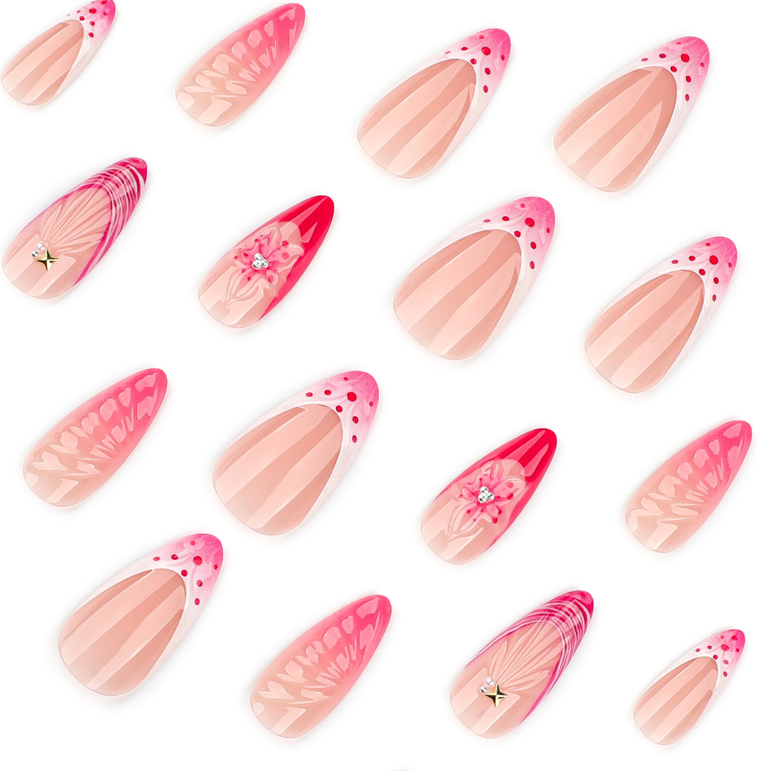 Artful stiletto nails with floral design and glitter accents Bowlift