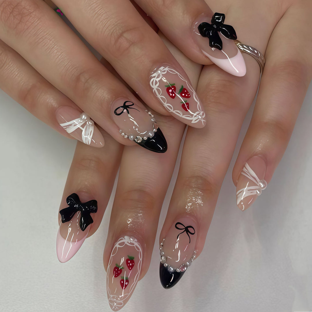 Artistic Press-On Nail Set with Bow and Berry Design Bowlift
