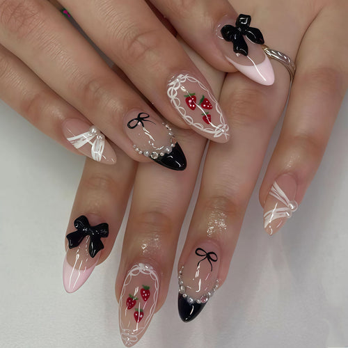 Artistic Press-On Nail Set with Bow and Berry Design Bowlift