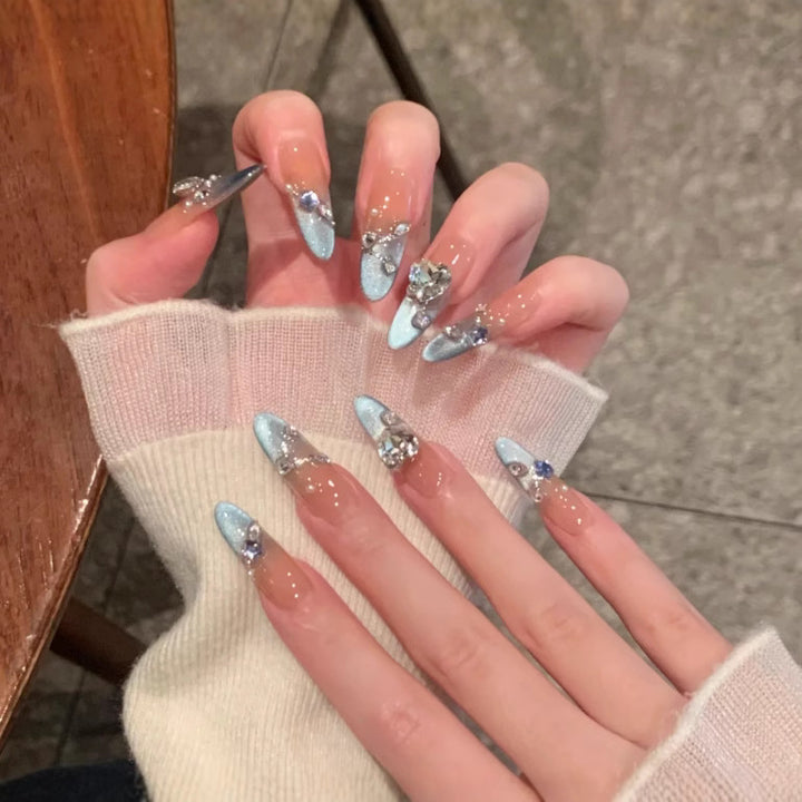 Artistic Press-On Nail Set with Floral and Gemstone Accents Bowlift