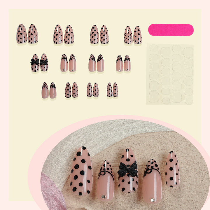 Artistic Press-On Nail Set with Polka Dot and Bow Designs Bowlift