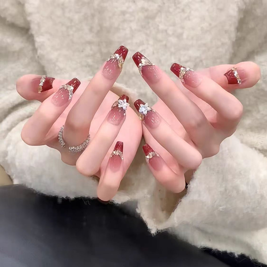 Elegant Press-On Nail Set with Gemstone Accents Bowlift