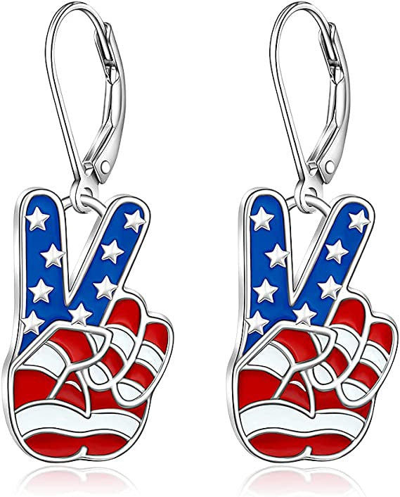 Women's patriotic earrings Peace-Hand with enamel and folding hook clasp Bowlift