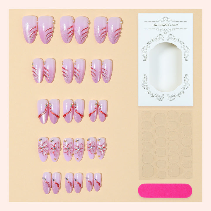 Decorative Press-On Nail Set with Floral and Gem Accents Bowlift 1788495783