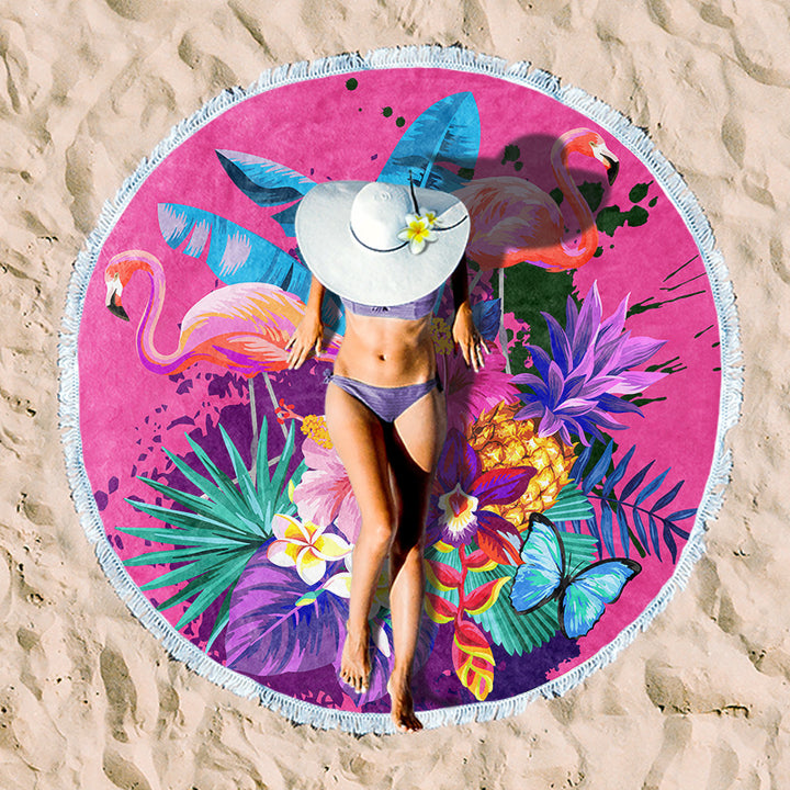 Round beach towel with tropical leaf print and fringe decoration Bowlift
