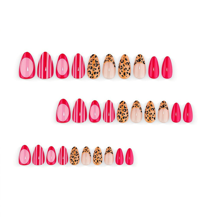 Artificial Nail Set with Stylish Leopard and Stripe Pattern Bowlift
