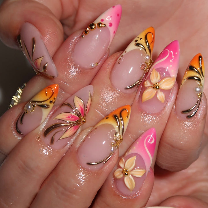 Elegant Artificial Nails with Floral Design Bowlift
