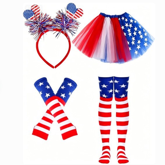 Women's nan patriotic tulle layered mini skirt headband arm sleeves and thigh high socks set Bowlift