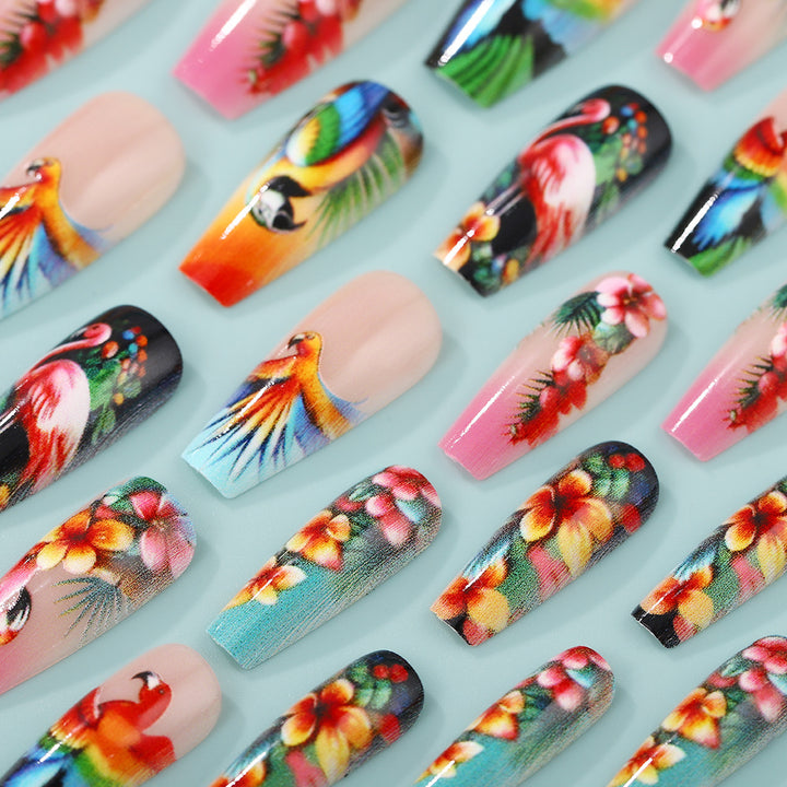 Artificial Nails Set with Tropical Bird Design Bowlift
