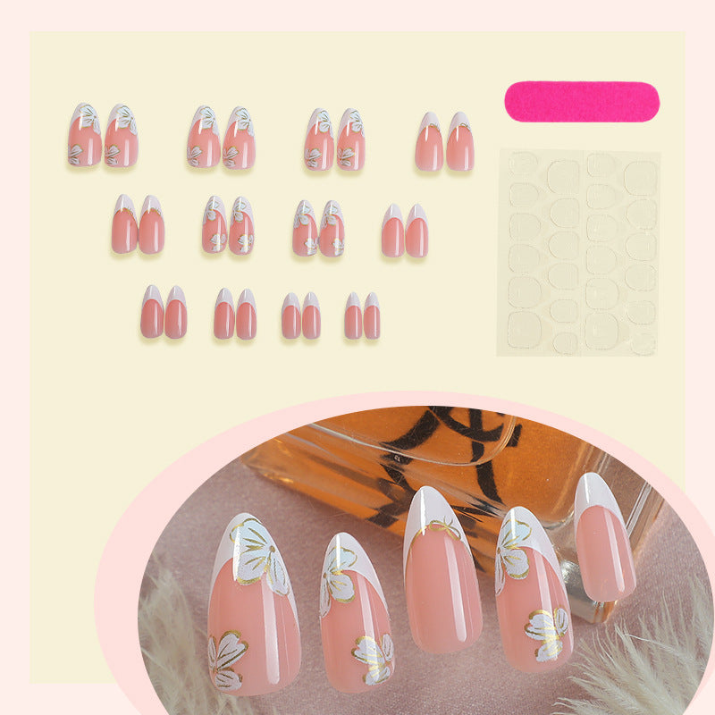 Artificial nail set with elegant flower and French tip design Bowlift