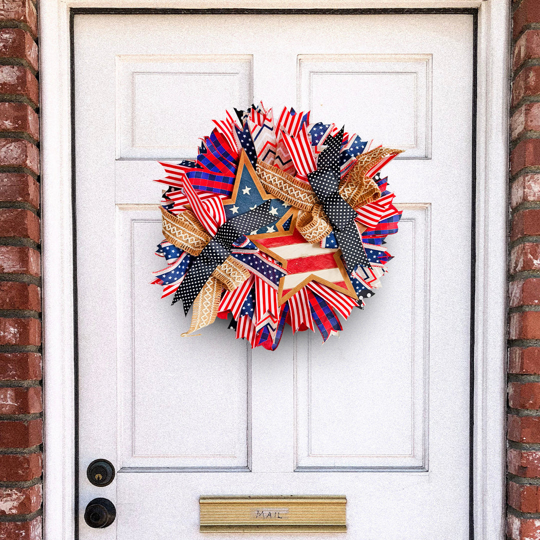 Unisex nan more patriotic USA-inspired door wreath with wooden star and multicolored ribbon arrangements Bowlift