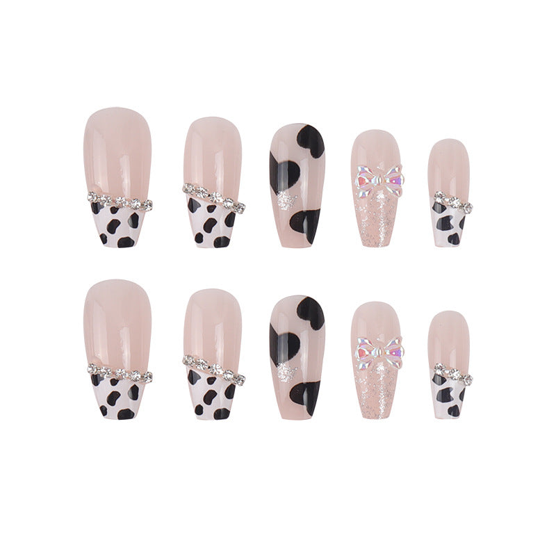 Cow Print Press-On Nails with Bow and Glitter Accent Bowlift