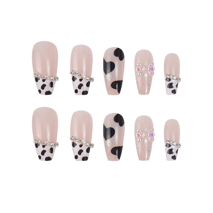 Cow Print Press-On Nails with Bow and Glitter Accent Bowlift