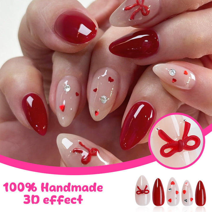 Artificial nail set with festive heart and bow accents Bowlift