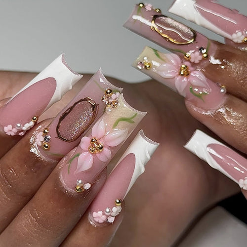 Artful nail extensions with floral embellishments Bowlift