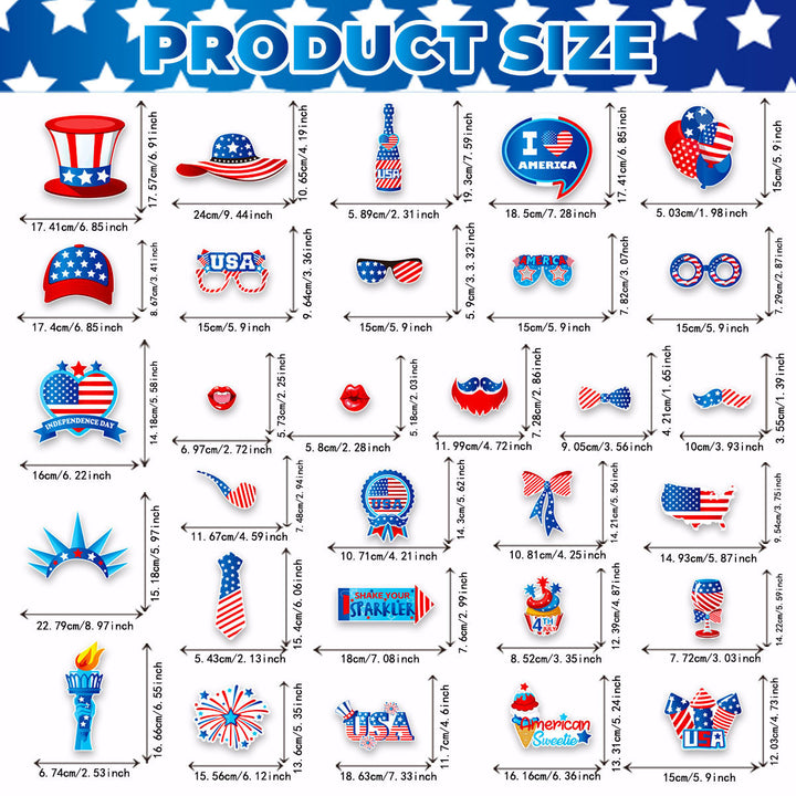 Independence Day Patriotic Photobooth Prop Sticker Kit with Wooden Sticks and Removable Adhesive Dots Bowlift
