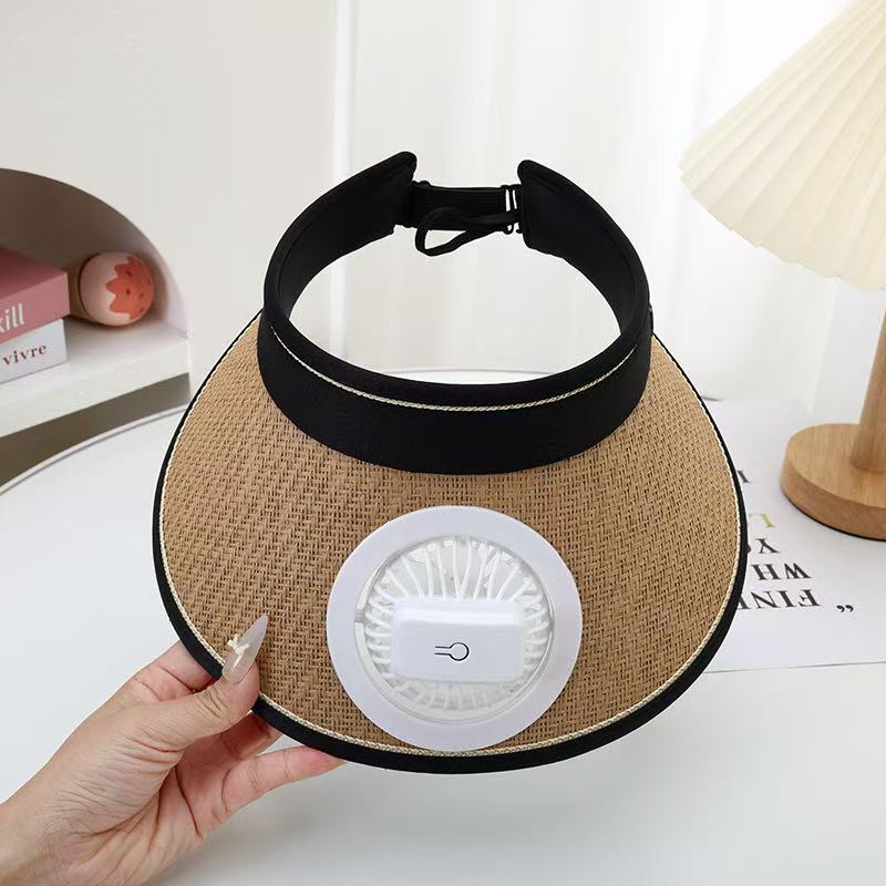 Air-cooled straw hat with detachable battery fan and elastic headband Bowlift