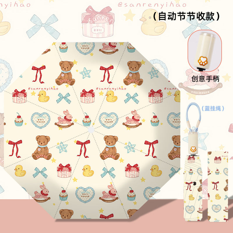 Women's folding umbrella with automatic opening mechanism and playfully themed design Bowlift