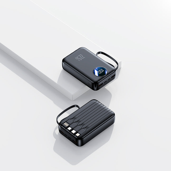 Portable power bank with integrated digital capacity display and flexible cable management Bowlift