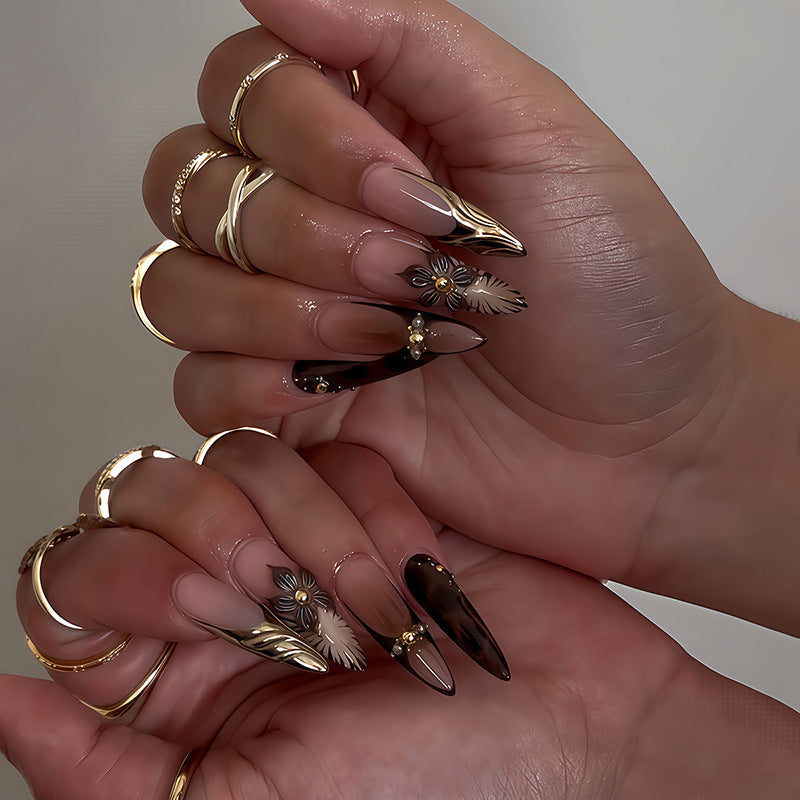 Acrylic nail set with elegant floral design and spectacular glitter accents Bowlift
