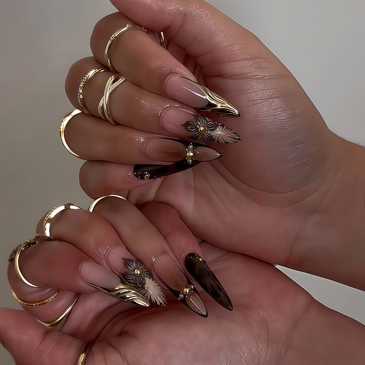 Acrylic nail set with elegant floral design and spectacular glitter accents Bowlift