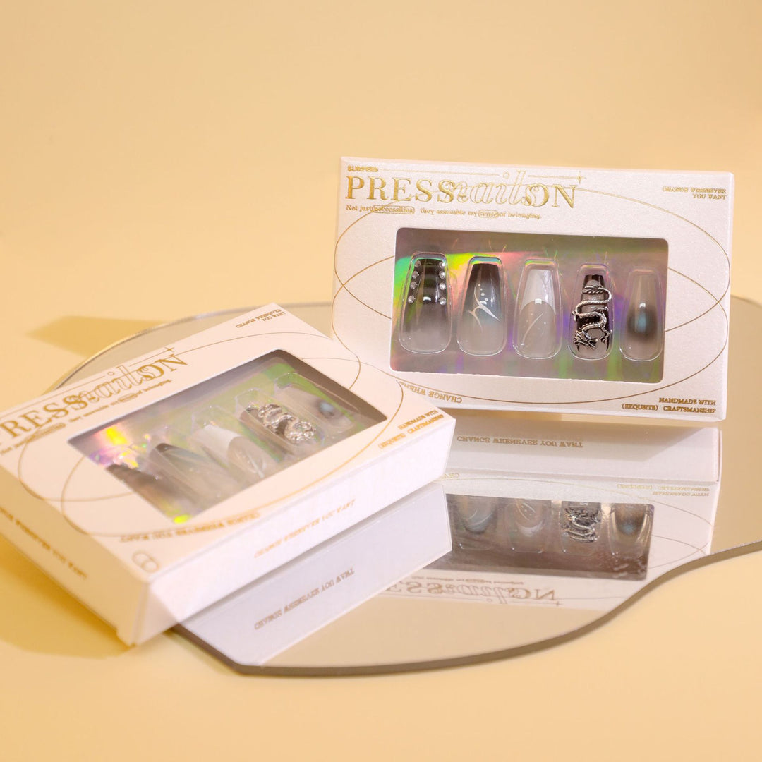 Artistic acrylic nails in elegant ombre design with elaborate details Bowlift