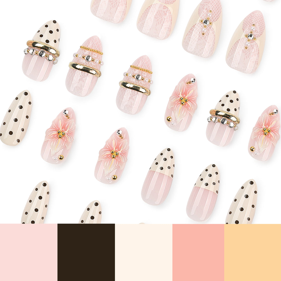 Artful Nail Extensions with Elegant Floral and Glitter Accents Bowlift