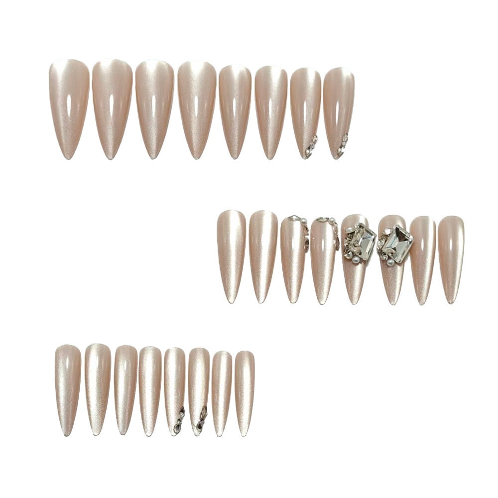 Luxury nude-style artificial nails with 3D stone decorations Bowlift
