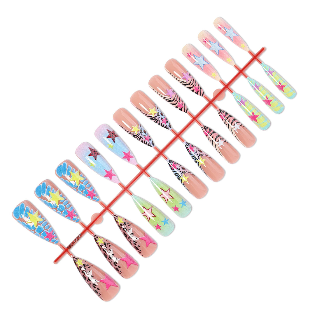 Artistic Press-On Nail Set with Colorful Star Patterns Bowlift