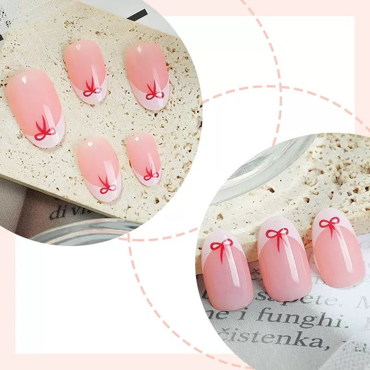 Artificial nail set with elegant bows and French tips Bowlift