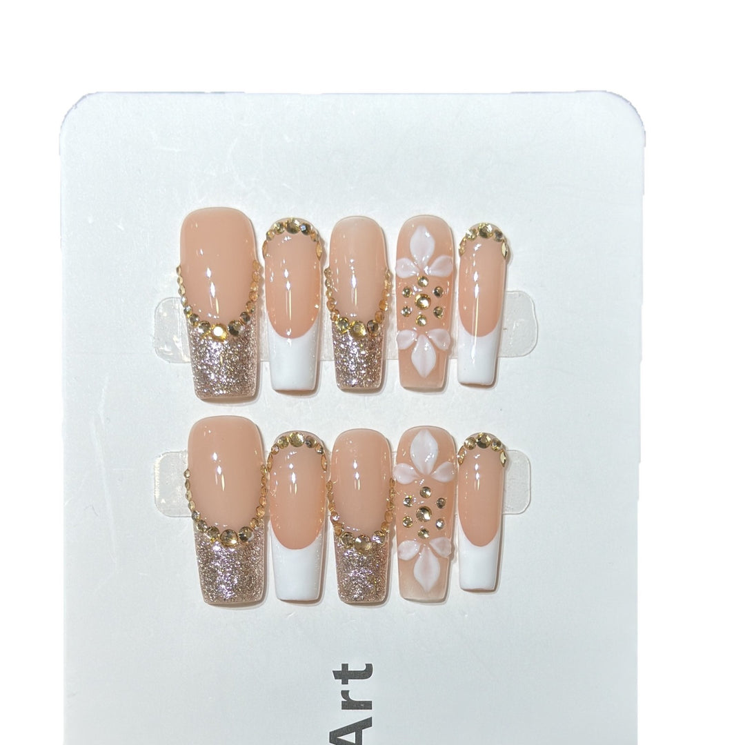 Luxurious Glittery Press-On Nail Art Set with Decorative Floral Accents Bowlift