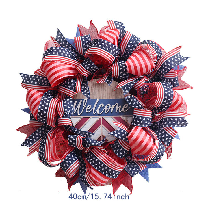 Unisex nan patriotic Americana fabric and wood door wreath with ribbon bows Bowlift