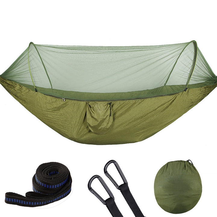 BowLift | Portable Outdoor Camping Fully Automatic Nylon Parachute Hammock with Mosquito Nets, Size: 290 x 140cm (Army Green)