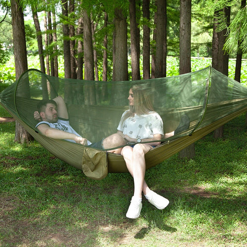 BowLift | Portable Outdoor Camping Fully Automatic Nylon Parachute Hammock with Mosquito Nets, Size: 290 x 140cm (Army Green)