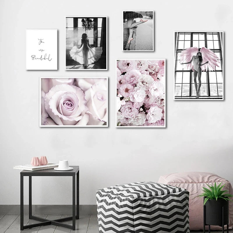 Pink Angel Wings Ballet Dancer Wall Art Fine Art Canvas Prints Black White Fashion Pictures For Living Room Bedroom Salon Art Decor | Bowlift