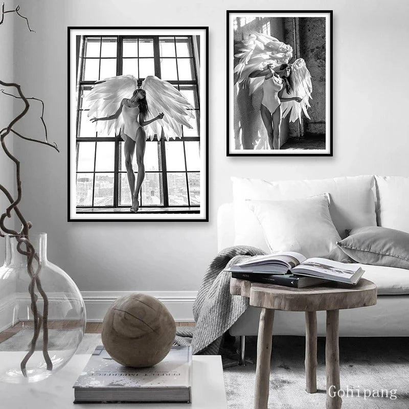 Pink Angel Wings Ballet Dancer Wall Art Fine Art Canvas Prints Black White Fashion Pictures For Living Room Bedroom Salon Art Decor | Bowlift
