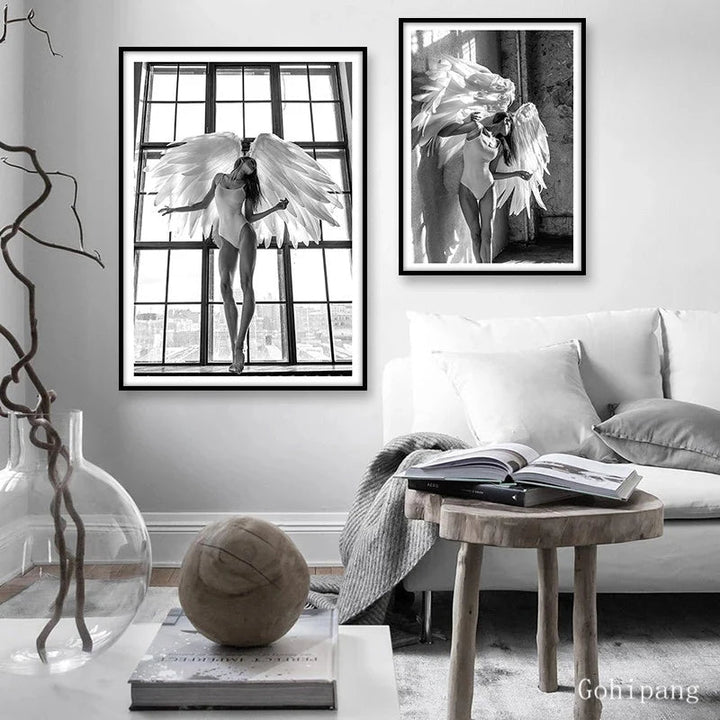 Pink Angel Wings Ballet Dancer Wall Art Fine Art Canvas Prints Black White Fashion Pictures For Living Room Bedroom Salon Art Decor | Bowlift