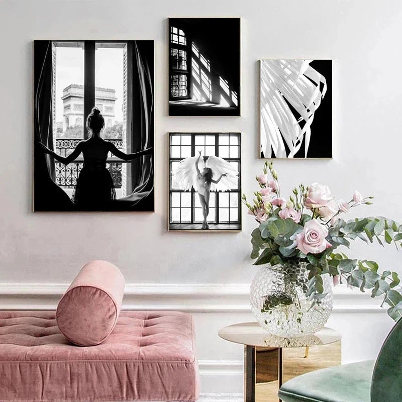 Pink Angel Wings Ballet Dancer Wall Art Fine Art Canvas Prints Black White Fashion Pictures For Living Room Bedroom Salon Art Decor | Bowlift