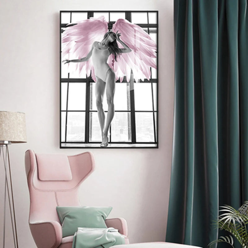 Pink Angel Wings Ballet Dancer Wall Art Fine Art Canvas Prints Black White Fashion Pictures For Living Room Bedroom Salon Art Decor | Bowlift
