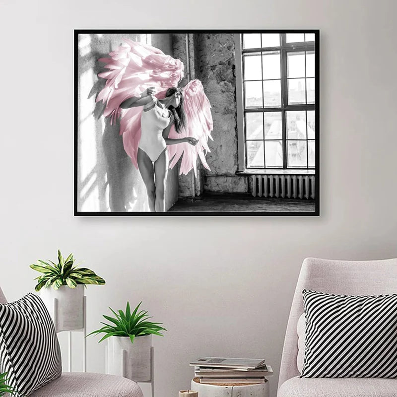 Pink Angel Wings Ballet Dancer Wall Art Fine Art Canvas Prints Black White Fashion Pictures For Living Room Bedroom Salon Art Decor | Bowlift