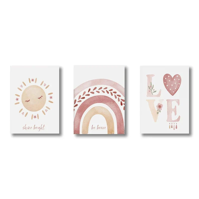 Set of 3PCS Pink Boho Rainbow Sunshine Posters Nursery Wall Art Fine Art Canvas Prints Pictures For Baby's Room Kid's Room Children's Playroom Decor | Bowlift