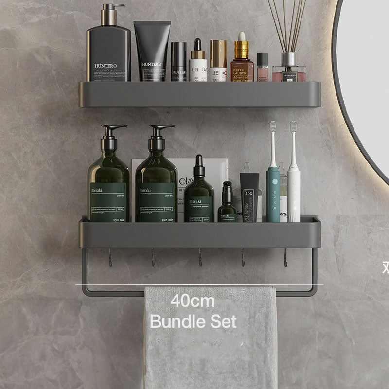 BowLift | Floating Bathroom Shelves with Hooks Without Drilling – Gray, Space-Saving