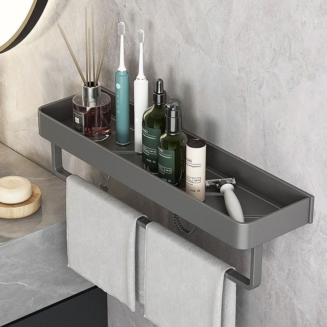 BowLift | Floating Bathroom Shelves with Hooks Without Drilling – Gray, Space-Saving