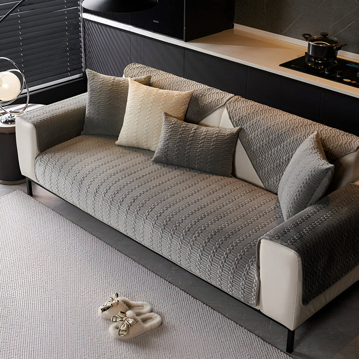 BowLift | Premium Plush Velvet Sofa Cover – Luxurious Geometric Pattern with Non-Slip Back