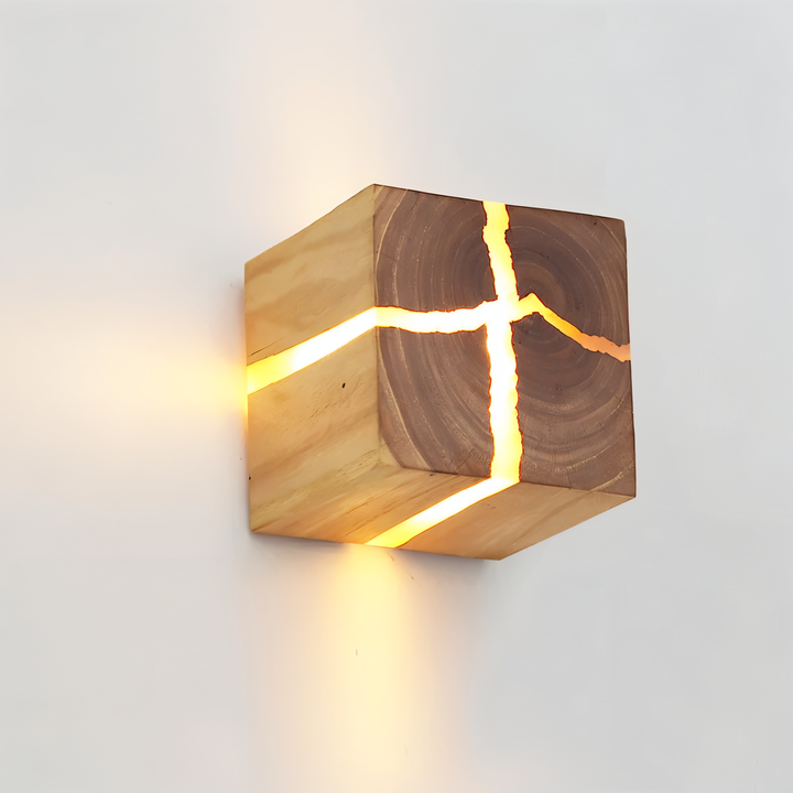 BowLift | QuadCrackle Wooden Wall Light – Handcrafted LED Wall Lamp with Artistic Crackle Design