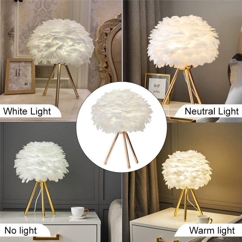 BowLift | Romantic Feather Table Lamp Modern Nightstand Lamp Living Room Café Decoration Wedding Christmas Gift Ostrich Feather Light