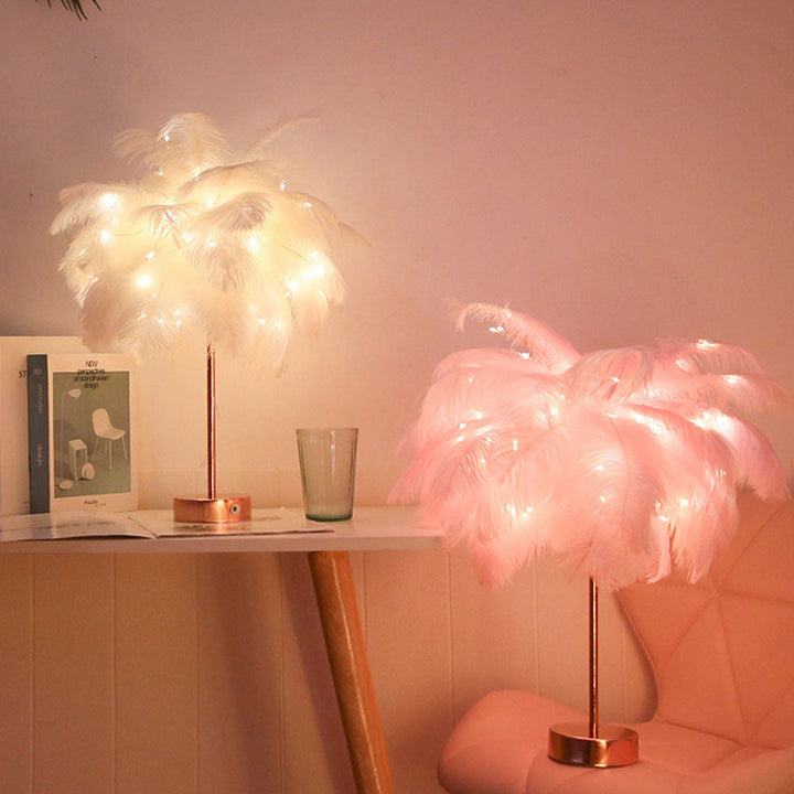 BowLift | Ostrich Night lamp | Eccentric lamp with feathers & rose gold base