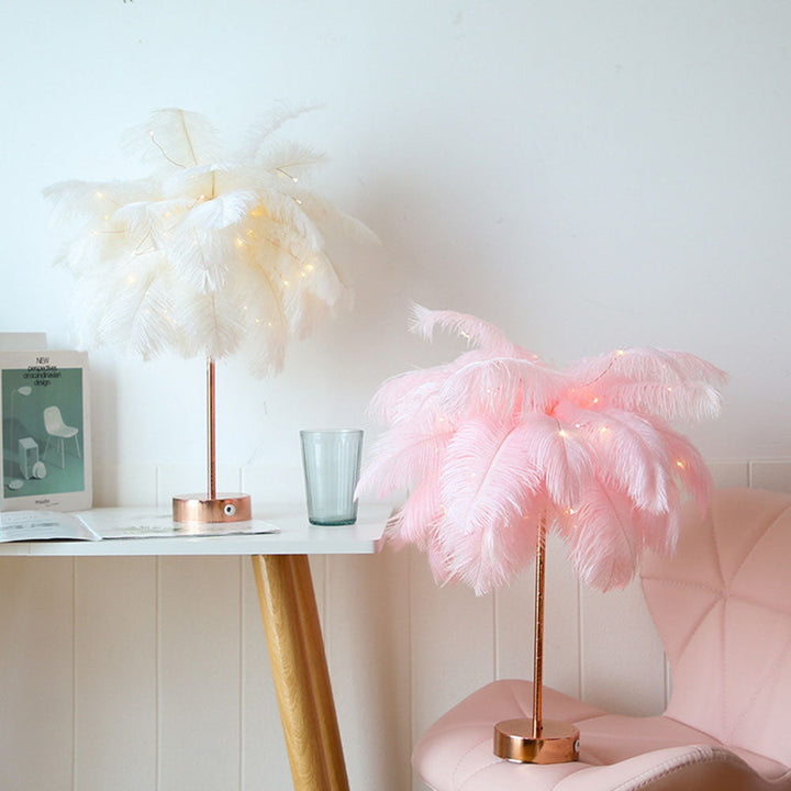 BowLift | Ostrich Night lamp | Eccentric lamp with feathers & rose gold base